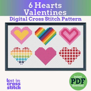 Six Cross-Stitched Hearts | Digital PDF Pattern | Valentine&#39;s Day | PDF instant download