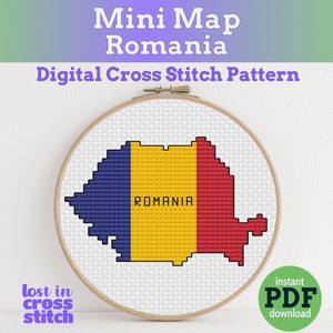Petite carte du drapeau de la Roumanie | Modèle numérique de point de croix | Téléchargement instantané PDF