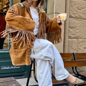 1970s Vintage Brown Western Bohemian Fringe Suede Leather Oversized Jacket for Women Fringed Suede Coat
