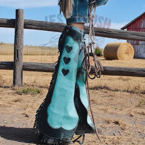 Handmade Women's Western Leather Chaps, Black Heart Fringe Rodeo Chaps, Cowgirl Riding Chaps, Rodeo Performance Western Wear equestrian gift