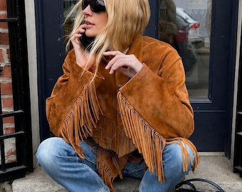 Tan Suede Fringes Jacket for Women | Western Boho Cowgirl Coat | Vintage Cowgirl Suede Leather Jacket | Cropped Cowgirl Festival Outfit.