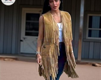 Chaqueta vaquera vintage de ante marrón con flecos para mujer - Chaleco de ante estilo vaquero tradicional, abrigo de cuero, chaleco para mujer, regalo para ella.