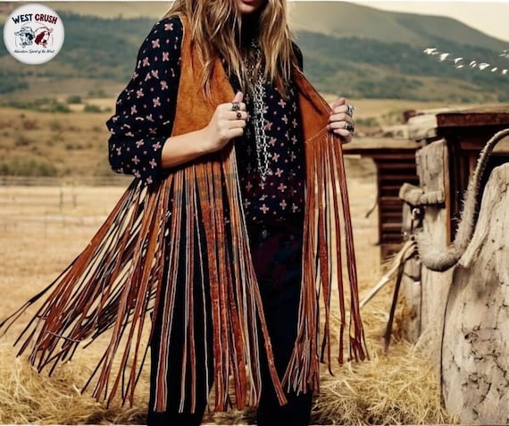 Western Wear Suede Leather Long Fringes Leather Vest Outfit - Women Waistcoat