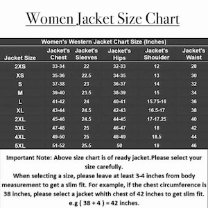 May include: A black and white jacket size chart with text headers including Women Jacket Size Chart and Women's Western Jacket Chart Size (Inches). The table lists sizes from 2XS to 5XL with corresponding measurements in inches for chest, sleeves, hips, shoulder, and waist.