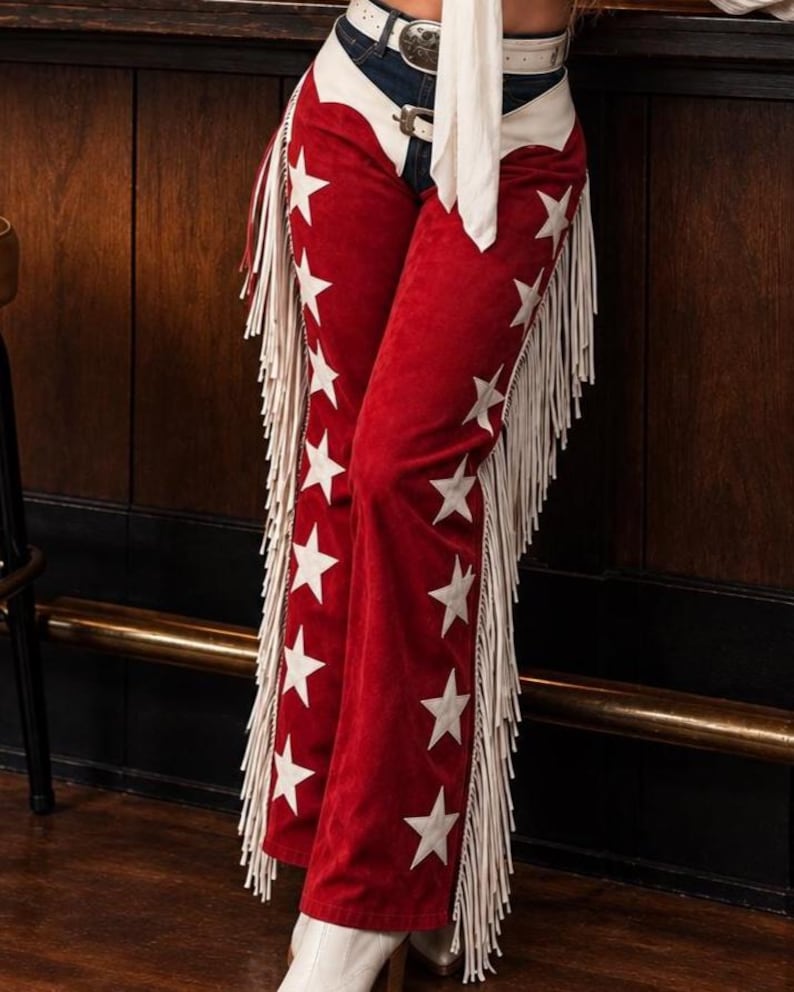 Women's Handmade Cowgirl Red Chaps | 7 Stars Leather Fringe Pants ...