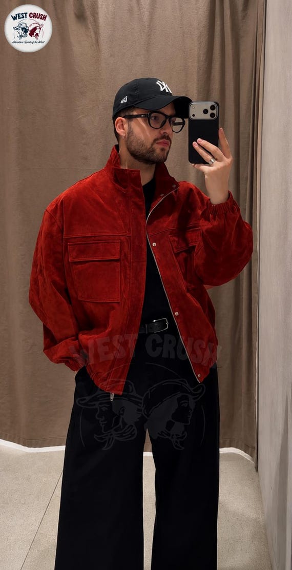 Red Suede Leather Jacket for Men | Vintage Western Jacket | Mens Fashion Jacket | Retro Biker Jacket | Cowboy Jacket Coat | Gift for Him.