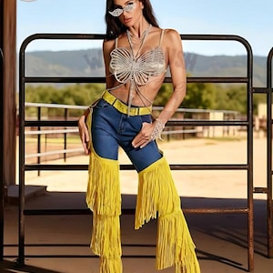 Women’s 100 % Geniune Yellow Leather Sparkly Festival Rave Chaps Festival Flares Fairy Chaps Leather Chap Fringes Women Yellow Leather Pant