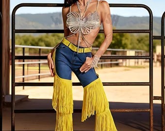 Polainas de ante amarillo con flecos, pantalones acampanados para festivales rave