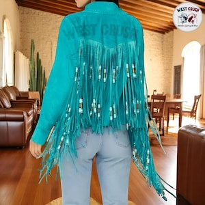 Chaqueta vaquera estilo western con flecos de ante y cuero para mujer, estilo western, de ante y cuero, estilo vintage con flecos y cuentas.