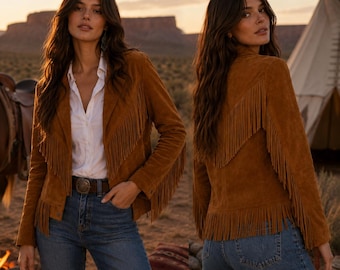 Women Western Wear Brown Suede Fringe Leather Jacket - 90's Bohemian Traditional Vintage Style Retro Cowgirl Fringed Coat - Biker Jacket