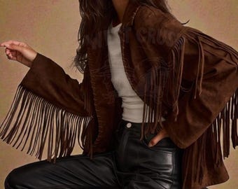 Giacca vintage anni '70 da donna in pelle scamosciata marrone con frange, cappotto in pelle stile western da cowgirl, giacca boho retrò, abbigliamento da concerto country per lei.