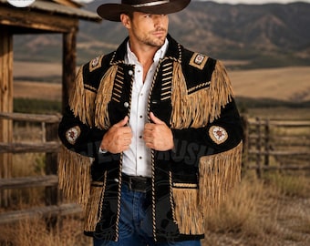 Chaqueta vaquera vintage de cuero para hombre: abrigo estilo vaquero con flecos y cuentas.