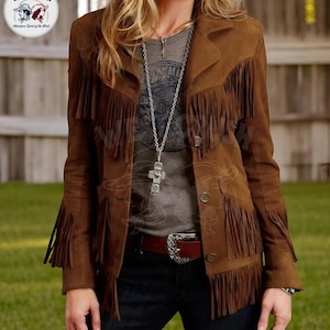 Giacca da donna in camoscio marrone con frange – Cappotto da festival in stile western anni '70, stile cowgirl boho.