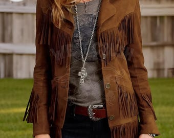 Braune Wildleder Fransen Damenjacke – 1970er Jahre Western Cowgirl Boho Festival Mantel