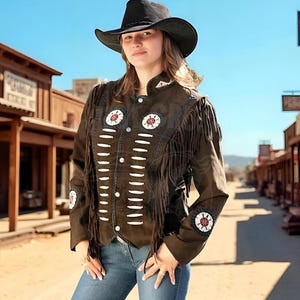 Chaqueta vaquera de ante con flecos largos de estilo western para mujer, estilo vintage, con cuentas y flecos.