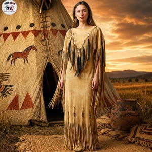 May include: A tan suede-like long dress featuring extensive fringe detailing along the sleeves and hem. The garment includes a V-shaped neckline adorned with black fringe accents and small cylindrical beads, creating a textured appearance.