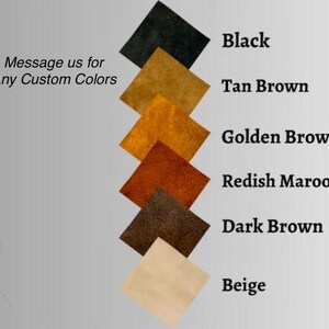 May include: A color chart featuring square swatches in various shades of brown, including black, tan, golden brown, reddish maroon, dark brown, and beige. Text reads "Message us for Any Custom Colors."