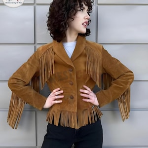 Women Brown Western Wear Geniune Suede Leather Long Fringed Coat Jacket Women Western Cowgirl Fringes Suede Leather Tassel Jacket