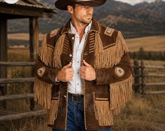 Men's Vintage Tan Brown Fringe Leather Western Jacket Handmade Cowboy Rodeo Style Beaded Coat - Native Jacket in Vintage Style, Gift for Him