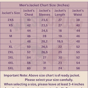 Puede incluir: Una tabla de tallas de chaqueta en beige y morado oscuro con el t&iacute;tulo Men Jacket Size Chart. La tabla enumera tallas desde 2XS hasta 5XL con medidas en pulgadas para pecho, mangas, largo y cintura. El texto incluye instrucciones para elegir la talla.