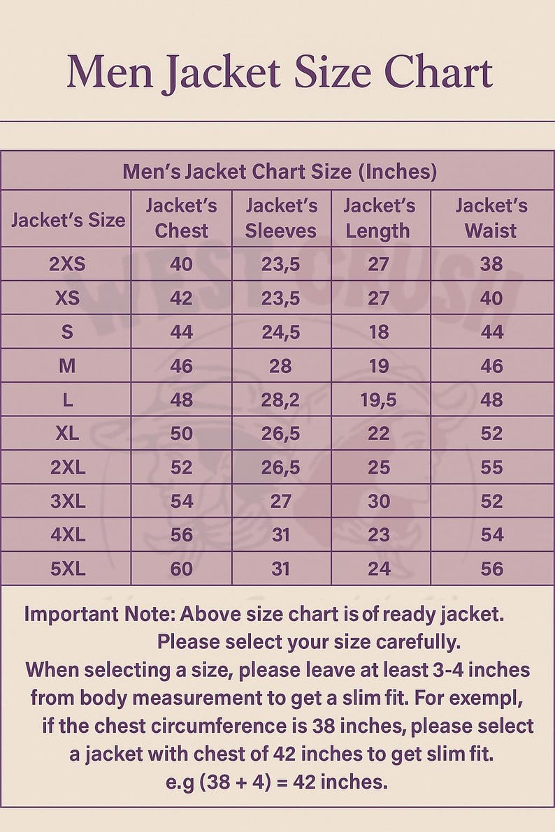 Puede incluir: Una tabla de tallas de chaqueta en beige y morado oscuro con el t&iacute;tulo Men Jacket Size Chart. La tabla enumera tallas desde 2XS hasta 5XL con medidas en pulgadas para pecho, mangas, largo y cintura. El texto incluye instrucciones para elegir la talla.