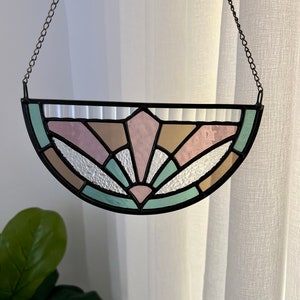 Stained Glass Suncatcher Art Deco Pink, Sea Green and Bronze