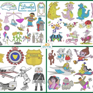 Könnte beinhalten: Eine Sammlung gestickter Aufnäher mit verschiedenen Designs. Dazu gehören Zeichentrickfiguren, Schachfiguren, Polizeimarken, ein Flugzeug, ein Motorrad und andere skurrile Bilder. Die Aufnäher sind in verschiedenen Farben und Stilen gehalten.