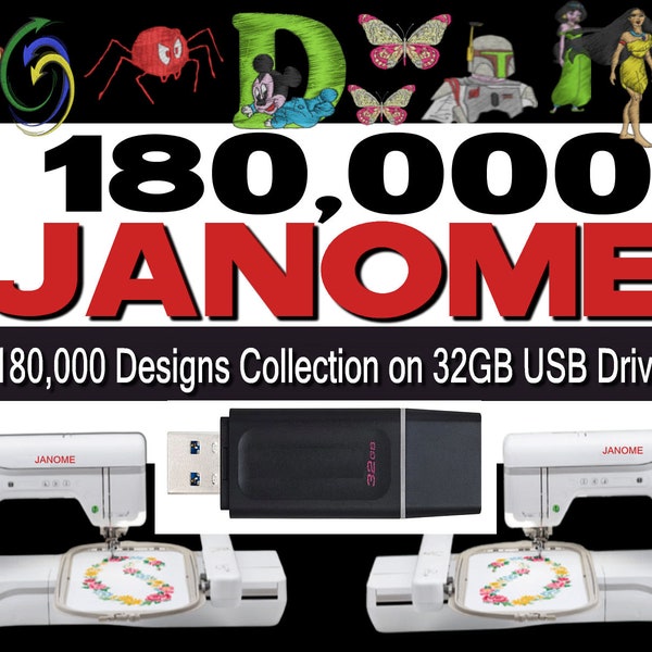 180.000 Embroidery Pattern Design Collection - Für JANOME STICKMASCHINEN - Geliefert auf 32 GB USB-Stick - Jef Format