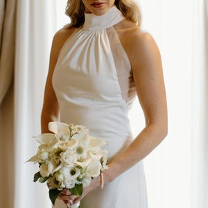 Shelly | High Neck Halter Crepe Fit & Flare Trumpet Wedding Dress Medium Train | Bone and Grey Bridal | Minimalist Bridal Gown