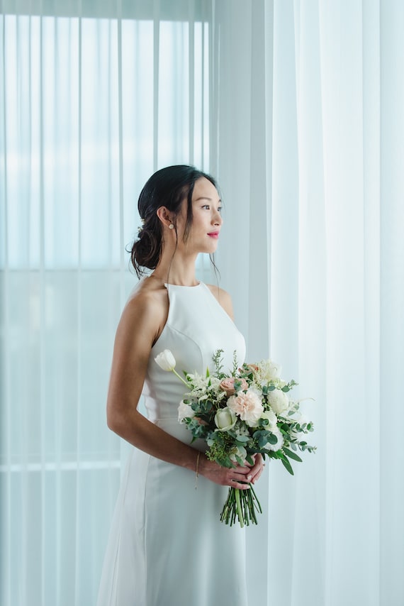 Elise | Halter Column Wedding Dress with Chiffon Drapes and Open Back Short Train | Bone and Grey Bridal | Minimalist Bridal Gown