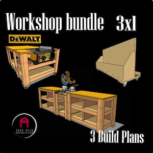 The Workshop bundle Build Plans, Workbench built in Table Saw, lumber storage mobile cart & Miter Saw Station 3x1