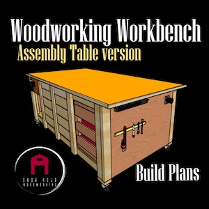 May include: A 3D illustration of a woodworking workbench with a yellow top, three drawers, and a side tool rack. The workbench is on wheels and has the text "Woodworking Workbench Assembly Table version" and "Build Plans" on the image.