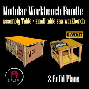 Puede incluir: Dos planos de trabajo para construir un conjunto de banco de trabajo modular. El conjunto incluye un banco de trabajo para sierra de mesa y una mesa de montaje. El banco de trabajo para sierra de mesa se muestra con una sierra de mesa DeWalt. Los planos están a la venta.