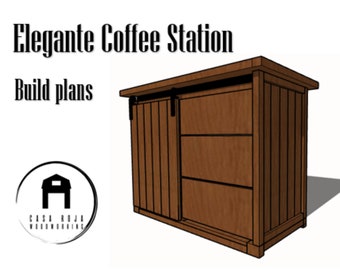 May include: A wooden coffee station with a sliding door and two drawers. The station is stained a dark brown color and has a simple, elegant design. The text "Elegante Coffee Station Build plans" is visible above the station.