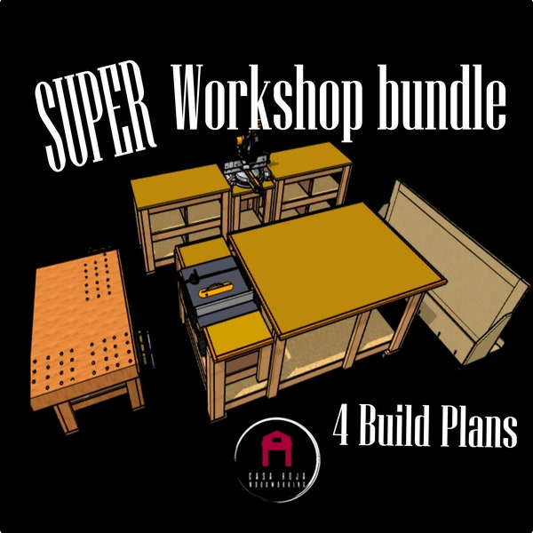 Super Workshop Bundle Baupläne 4X1, Workbench eingebaute Tischkreissäge, Holzlagerwagen, Gehrungssäge-Station & Montagetisch