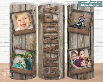 20 oz Photo Tumbler, Wood and Leather Grandpa Photo Sublimation Design, Photo Collage, PNG, Digital Download, Father's Day, Grandpa Gift