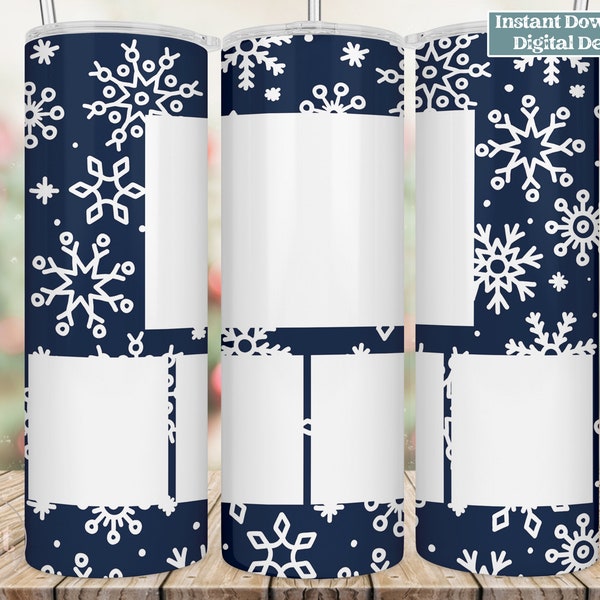 20 oz Photo Tumbler, Blue Snowflake Christmas Photo Sublimation Design, Photo Collage, PNG, Digital Download, Gift