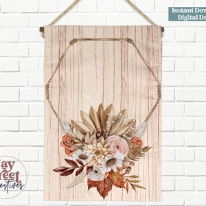 May include: A digital design featuring a watercolor floral arrangement with fall colors, including orange, red, and cream, set against a woodgrain background. The floral arrangement is framed by a rope circle.