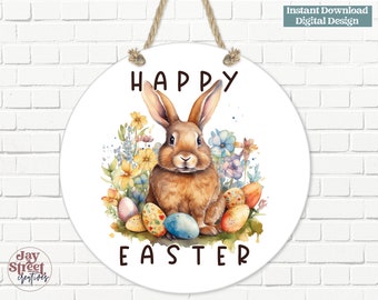 Pasen ronde deur teken, krans centrum, Wall Decor sublimatie ontwerp, paashaas, digitale download, PNG