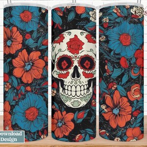 Sugar Skull and Flowers 20 oz Straight Tumbler Wrap, Sublimation Design, PNG, Day of the Dead, Gothic