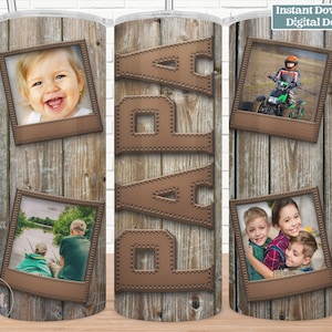 Father&#39;s Day, 20 oz Photo Tumbler, Wood and Leather Papa Photo Sublimation Design, Photo Collage, PNG, Digital Download, Grandpa Gift