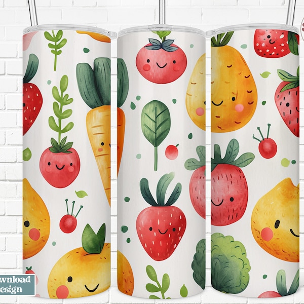 Farmer's Market 20 oz Skinny Sublimation Design, Tumbler Wrap, Digital File, PNG, Cute Fruits and Veggies