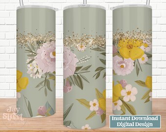 Floral Tumbler Wrap, Sage Green Romance, Boho Hippie (Digital PNG JPG)