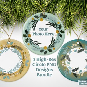 Couronne de Noël moderne Photo Ornement rond Sublimation Design Bundle, Téléchargement numérique, Signes ronds, PNG, Ornement personnalisé, Cadeau