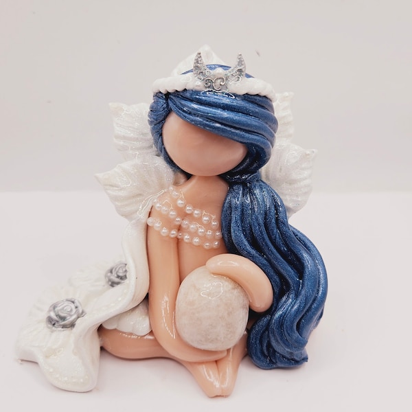 2a. Selene moon goddess holding a moon stone, blue hair and white cape and resin blue flowers, pagan alter pearl accessories moon phase