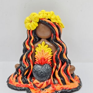 1.Volcano Goddess Madame Pele lava stone, long glitter black hair with red, orange and yellow lava colors crystal goddess statue polymerclay