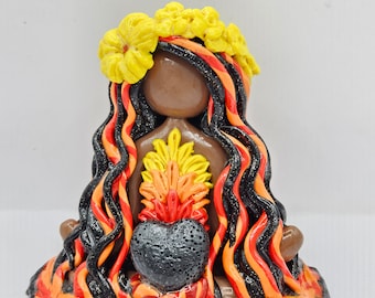 1.Volcano Goddess Madame Pele lava stone, long glitter black hair with red, orange and yellow lava colors crystal goddess statue polymerclay