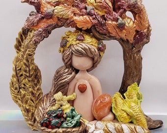 Lammas lughnasadh blessings fall autumn harvest wheat corn oak leaves bronze hair braid tomatoes green beans acorns husk doll red orange gol