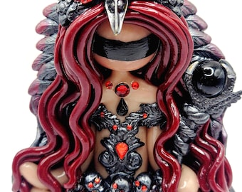 Handmade Morrigan Goddess Statue | Raven Queen, Obsidian Staff, Celtic Altar Decor