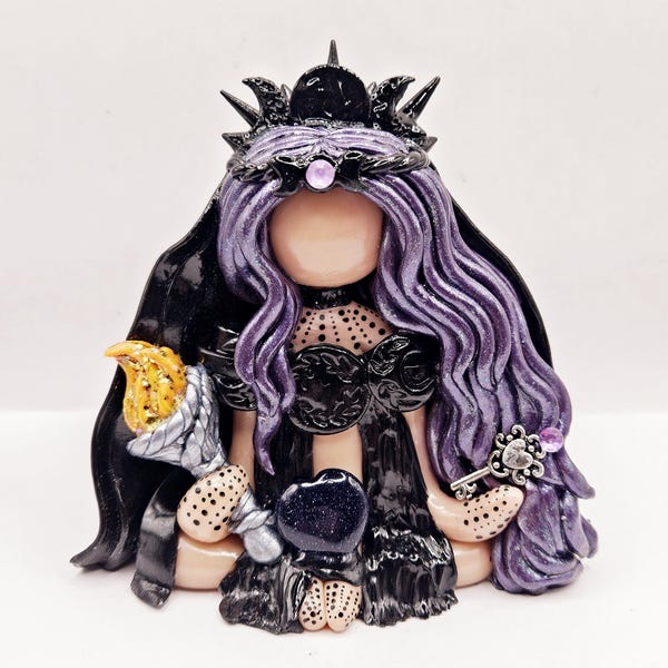 Handmade Hecate Statue: Polymer Clay Dark Goddess with Key & Torch